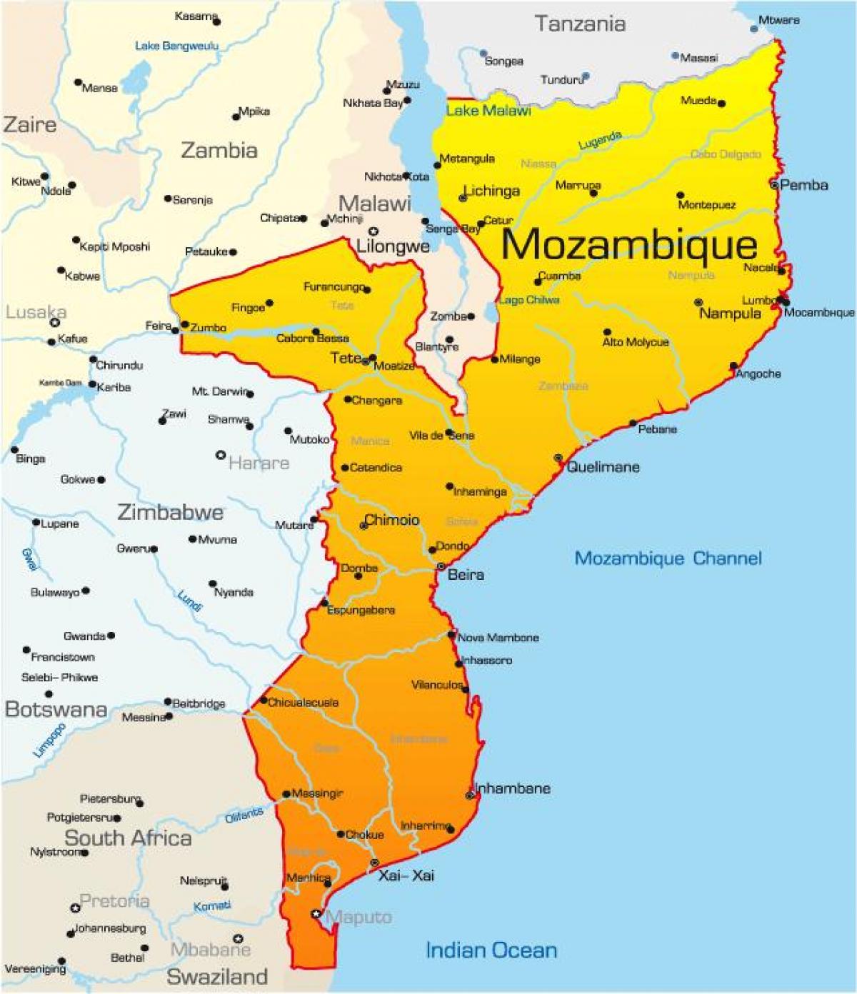 карта места Мозамбика мапи са удаљености